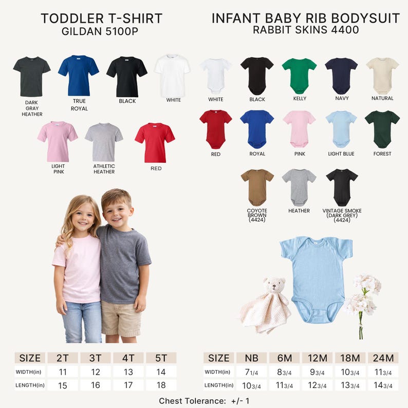 May include: A product image showcasing a variety of toddler t-shirts and infant bodysuits in various colors. The t-shirts are Gildan 5100P, and the bodysuits are Rabbit Skins 4400. Size and measurement details are provided in inches.