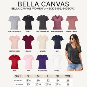 May include: Bella Canvas 6405/6405CVC V-neck t-shirt color chart featuring 12 solid and heathered options including athletic heather, black, dark grey, maroon, mauve, peach, natural, navy, red, pink, purple, and white with a size chart in inches.