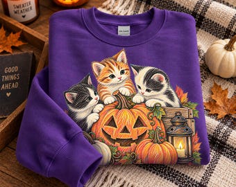Vintage 90s Cat Halloween Sweatshirt, Retro Black Cat Shirt, Spooky Season Crewneck, Pumpkin Graphic Tee, Cat Lover Halloween Gift