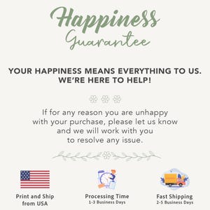 May include: A cream-colored graphic with the text "Happiness Guarantee" in green script. Below, it reads "Your happiness means everything to us. We're here to help!" and details about returns and shipping.