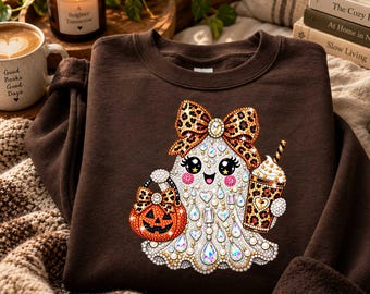 Rhinestone Glam Ghost Halloween Sweatshirt, Girly Spooky Season Sweater, Cute Ghost Hoodie, Faux Rhinestone Youth, Halloween Gift