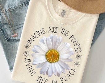 Imagine Peace T-Shirt, Floral Daisy Peace Sign, Hippie Boho Tee, Floral Peace Shirt