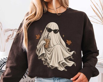 Ghost Drinking Coffee Sweatshirt, Halloween Shirt, Retro Iced Latte Ghost Tee, Spooky Season Coffee Lover Fall Gift