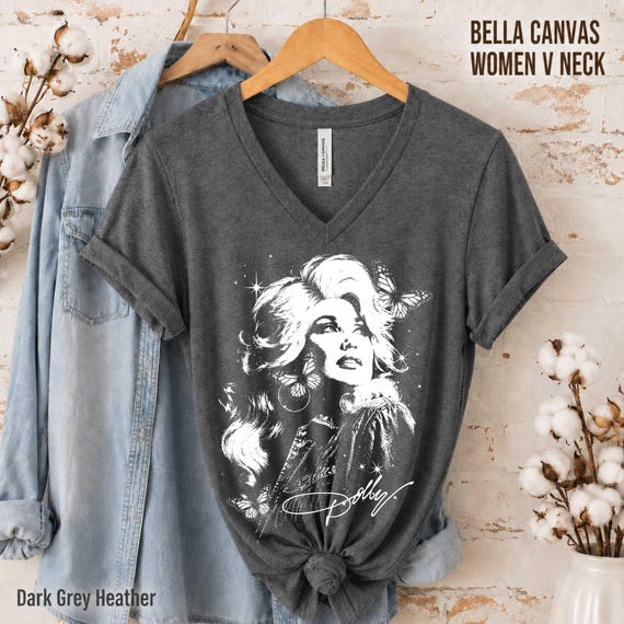 Vintage Dolly Parton Tribute Women V-Neck Shirt, Classic Cowgirl Graphic Tee, Retro Country Music Legend Portrait, Bella Canvas®