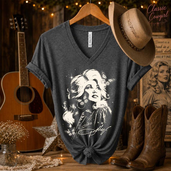 Vintage Dolly Parton Tribute Women V-Neck Shirt, Classic Cowgirl Graphic Tee, Retro Country Music Legend Portrait, Bella Canvas®