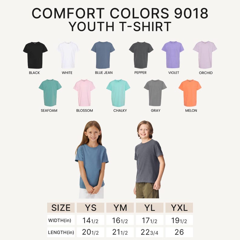 May include: Youth t-shirts in various colors, including black, white, blue jean, pepper, violet, orchid, seafoam, blossom, chalky, gray, and melon. The image shows a girl and a boy wearing blue jean and gray t-shirts. Size chart with width and length measurements in inches.