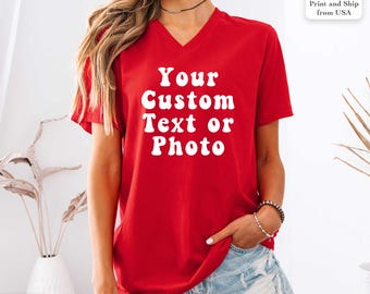 Camiseta personalizada com decote em V, Camiseta com decote em V personalizada, Adicione seu próprio texto, Camiseta para reunião de família, Camiseta personalizada, Camiseta personalizada com decote em V, Crie a sua própria