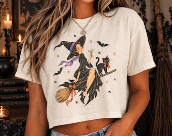 Comfort Colors® Vintage Witch & Cat Boxy Tee, Halloween Black Cat Shirt, Retro Witchy Salem Top, Spooky Pumpkin Graphic Tee, Fall Gift