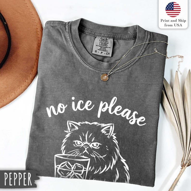 Puede incluir: Una camiseta gris Comfort Colors con la frase "no ice please" y un gr&aacute;fico de un gato sosteniendo un vaso de hielo. Tambi&eacute;n se ve un collar dorado y un sombrero marr&oacute;n.