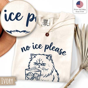 Puede incluir: Camiseta de color marfil con la frase "no ice please" y un gr&aacute;fico de un gato gru&ntilde;&oacute;n sosteniendo un vaso de hielo. La camiseta tambi&eacute;n tiene las palabras "ice p". Se ve un collar dorado con un colgante.