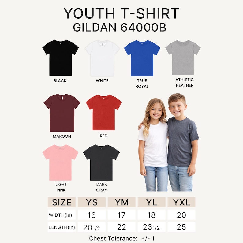 May include: A product image displays a variety of youth t-shirts in different colors, including black, white, and red. The shirts are arranged with a size chart showing width and length measurements in inches. Two children are standing in front of the shirts.