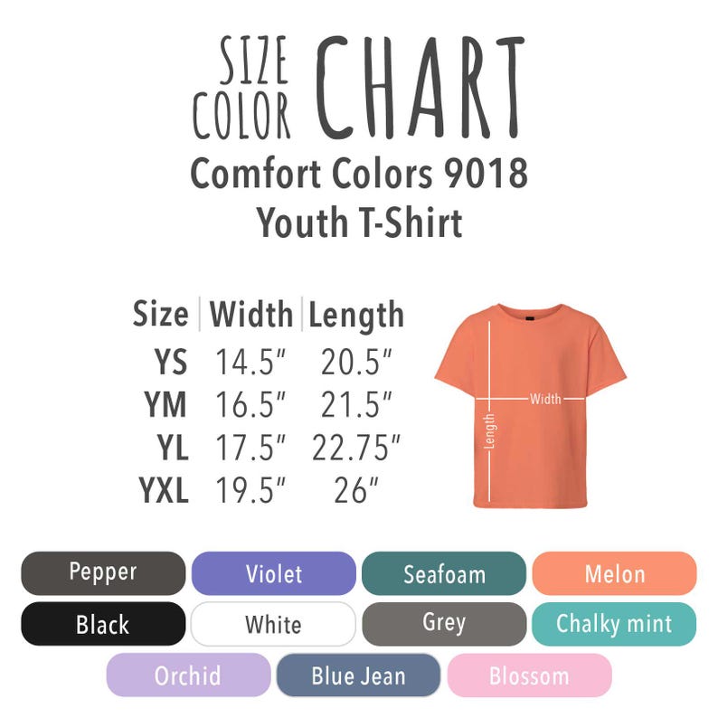 Comfort Colors 9018 youth t-shirt size and color chart, designed for kids with multiple sizes and playful color options to match their energy.