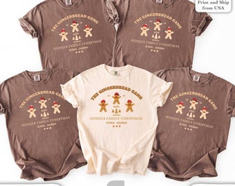 May include: Five t-shirts, in espresso and ivory, with a gingerbread family design. The text reads "The Gingerbread Gang" and "Hodges Family Christmas, Georgia, Savannah." The shirts have a vintage, washed look.