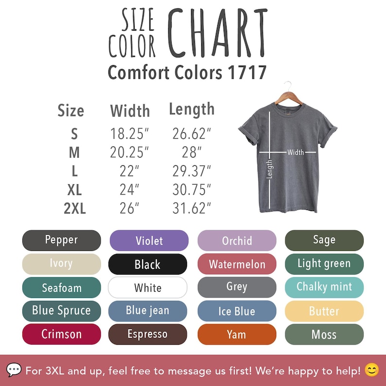 Comfort Colors 1717 short sleeve unisex t-shirt size and color chart, featuring 20 vibrant color options and detailed measurements to help you find your perfect fit.