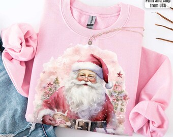 Vintage Pink Santa Sweatshirt, Retro Santa Claus Sweatshirt, Cute Santa Claus Xmas Tee ,Pink Christmas Sweatshirt Youth Kids