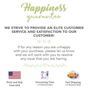Happiness guarantee. Fast US-based print and ship service visual with 1–3 business day processing time and 2–5 business day delivery — perfect for last-minute gift shoppers.