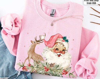 Vintage Pink Santa Sweatshirt, Retro Santa Claus Sweatshirt, Cute Santa Claus Xmas Tee ,Pink Christmas Sweatshirt Youth Kids
