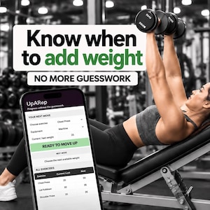 May include: A smartphone displaying the UpARep fitness tracking app interface with text reading Know when to add weight and NO MORE GUESSWORK. The screen shows exercise data including chest press, equipment, and weight progression metrics.