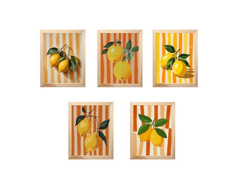 Lemon Art Print Set of 5 | Lemons and Stripes Wall Art | Modern Kitchen Decor | Cute Lemon Prints | Digital Download Prints