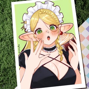May include: Illustration of a blonde-haired anime-style character with green eyes and pointed ears, wearing a black dress and a white maid's cap. The character is holding a cupcake with a cherry on top. The background is light green.