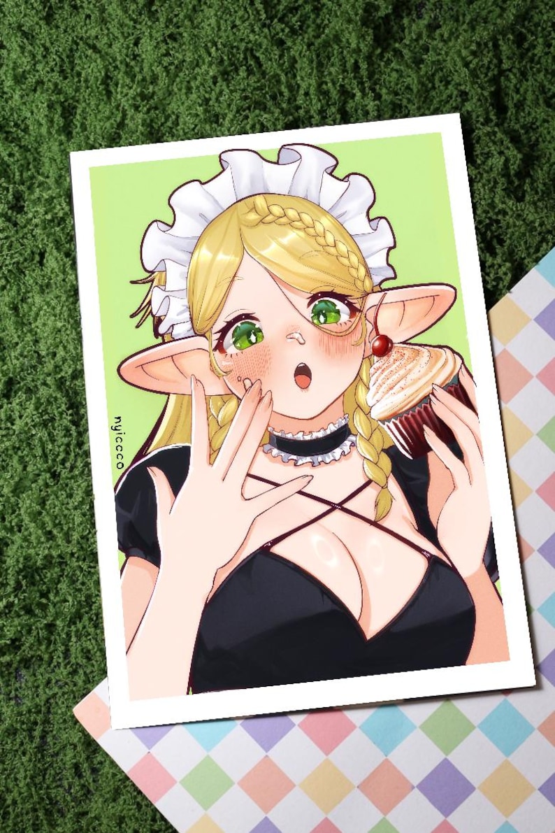 May include: Illustration of a blonde-haired anime-style character with green eyes and pointed ears, wearing a black dress and a white maid's cap. The character is holding a cupcake with a cherry on top. The background is light green.