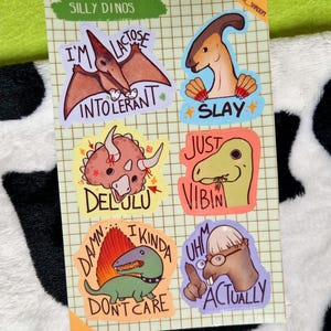 Dinosaur sticker sheet, funny quotes, lactose intolerant, delulu, idc, dino meme, silly cute stickers