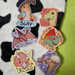 Dinosaur sticker, funny quotes, lactose intolerant, delulu, idc, dino meme, silly cute stickers