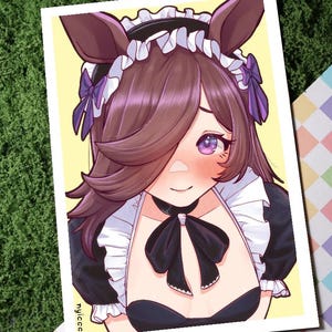 May include: Illustration of a character in a maid outfit with brown hair and purple eyes. The character wears a black and white maid uniform with a black bow and purple accents. The background is yellow.