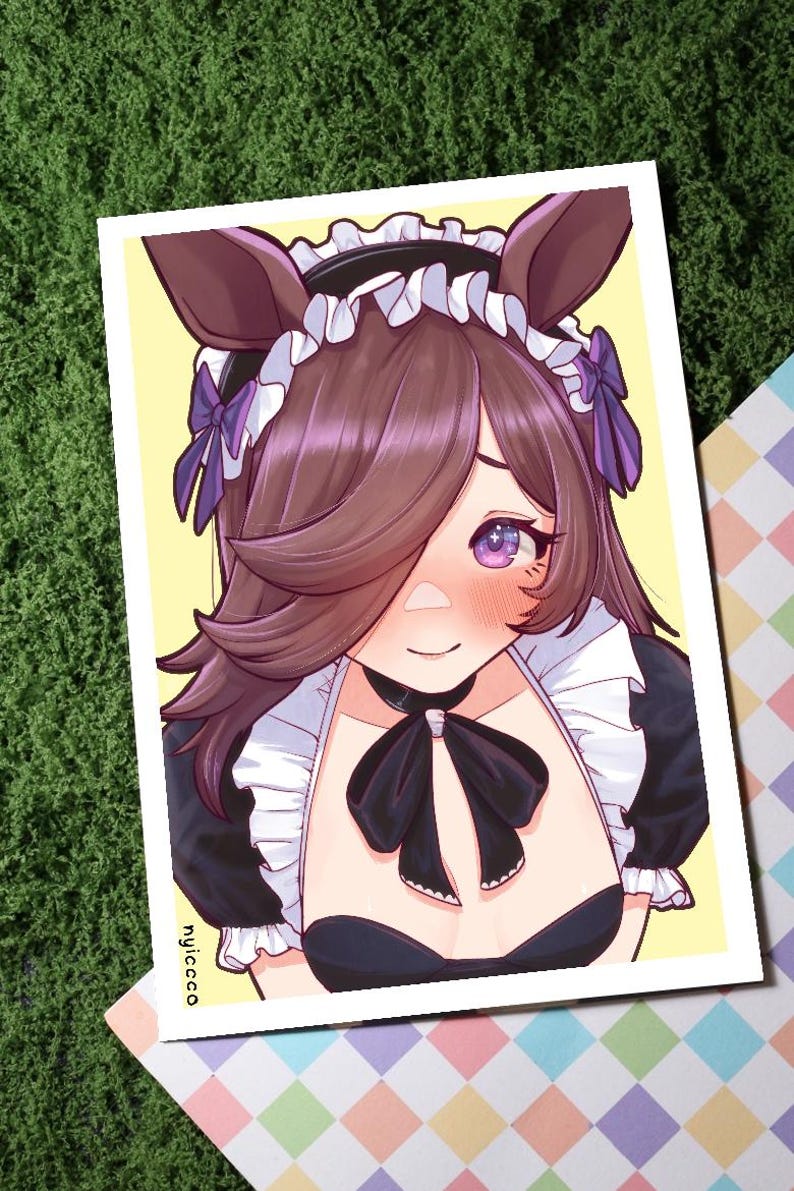 May include: Illustration of a character in a maid outfit with brown hair and purple eyes. The character wears a black and white maid uniform with a black bow and purple accents. The background is yellow.
