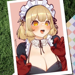 May include: Illustration of a cartoon character in a maid outfit. The character has blonde hair, orange eyes, and is wearing a black and white maid uniform with red gloves. The background is a light pink color.