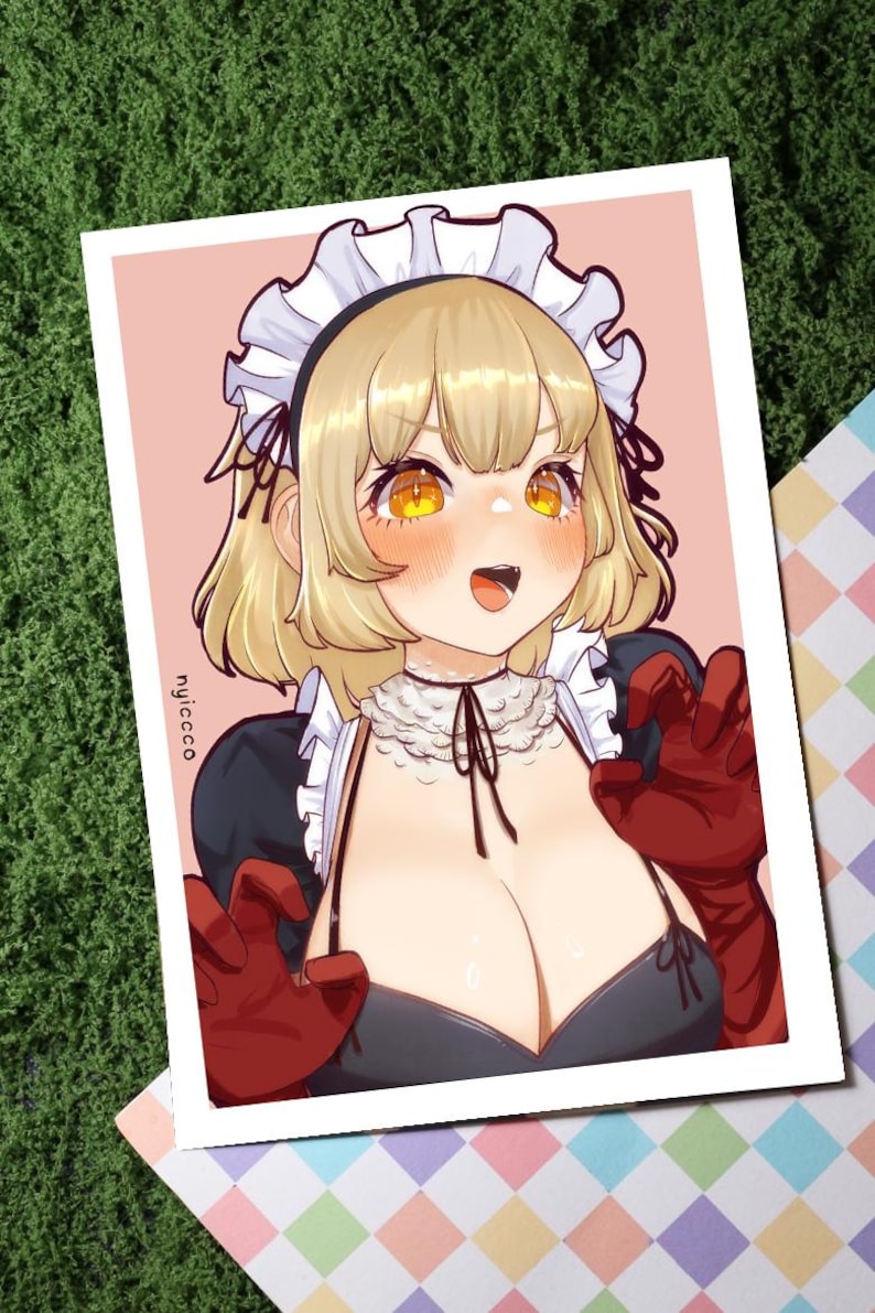 May include: Illustration of a cartoon character in a maid outfit. The character has blonde hair, orange eyes, and is wearing a black and white maid uniform with red gloves. The background is a light pink color.