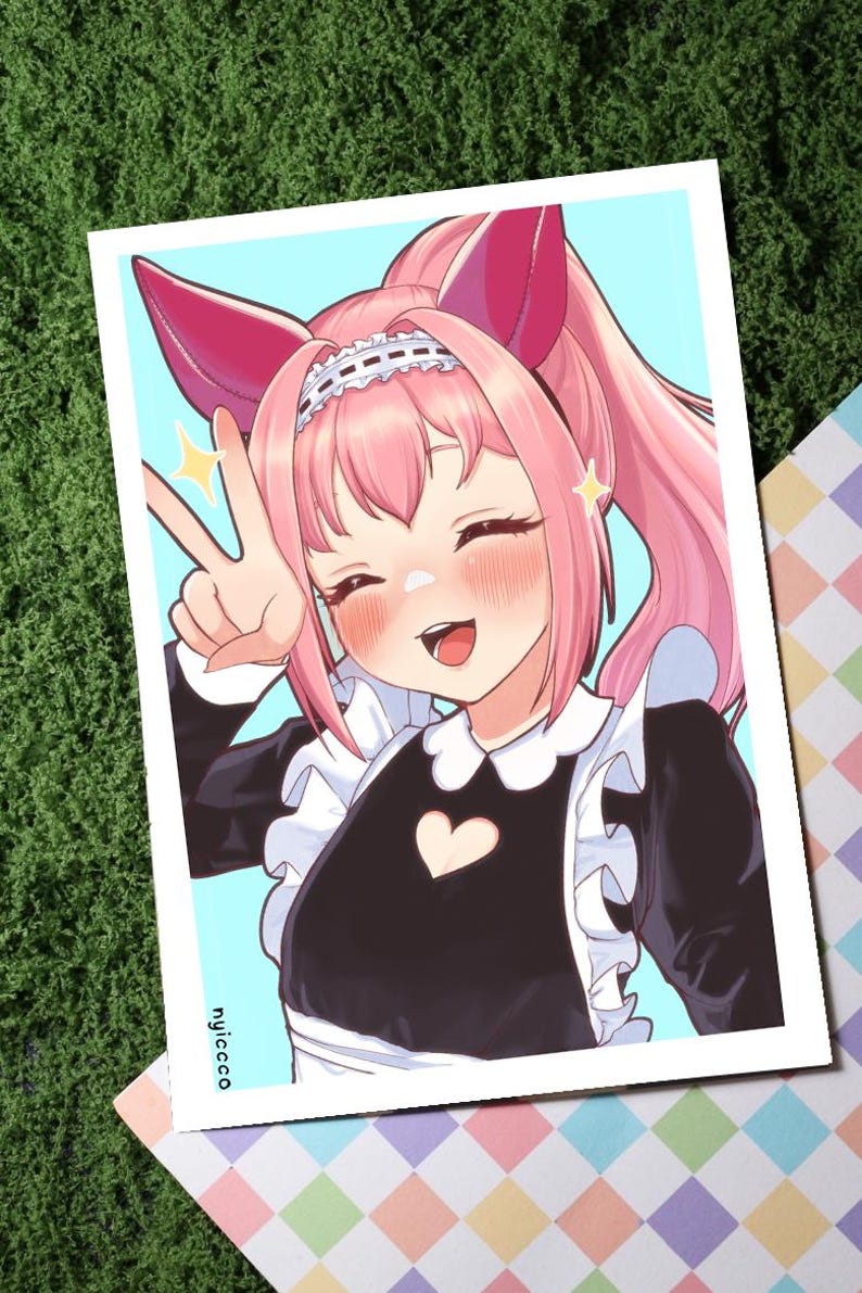 May include: Illustration of a smiling anime character with pink hair and cat ears, wearing a black maid outfit with a white collar and heart detail. The character is giving a peace sign. The background is light blue.