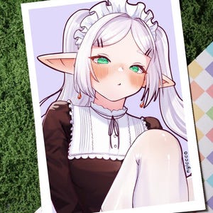 May include: Illustration of an anime-style character with white hair, green eyes, and pointed ears, wearing a maid outfit. The artwork is set against a light purple background, with the artist's signature in the bottom right corner.