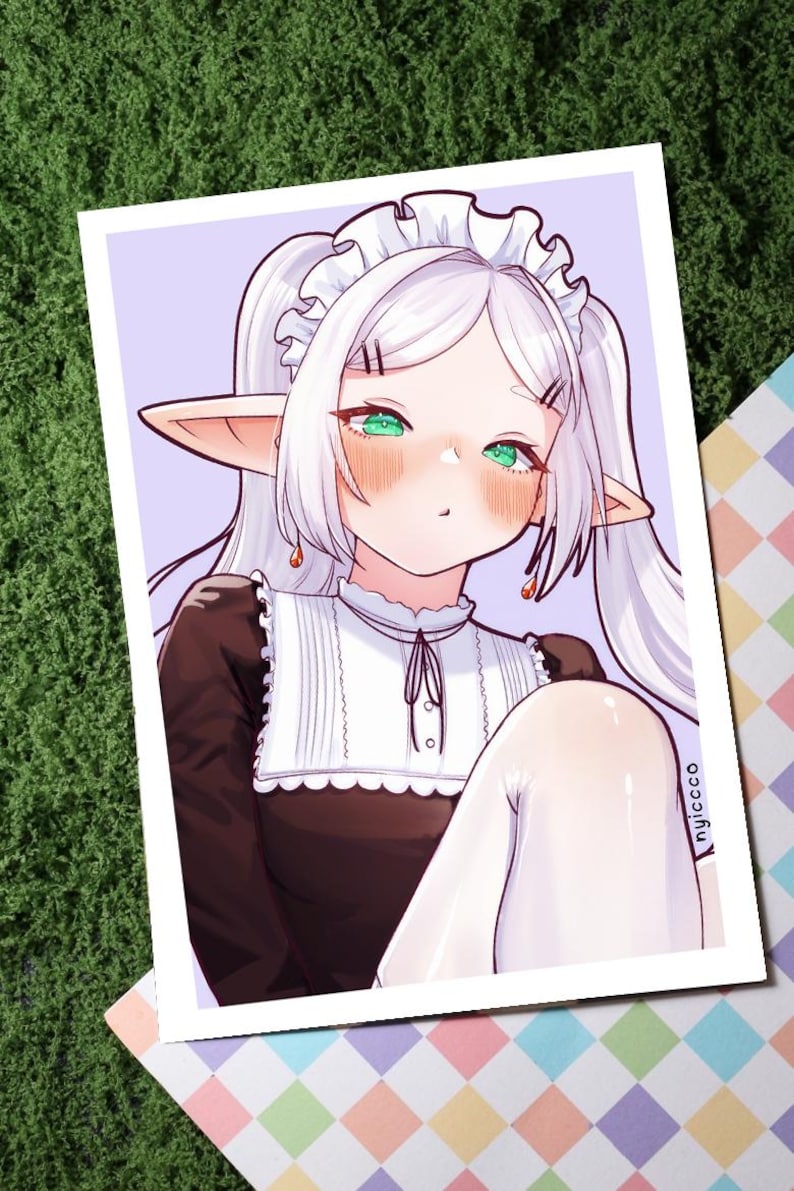May include: Illustration of an anime-style character with white hair, green eyes, and pointed ears, wearing a maid outfit. The artwork is set against a light purple background, with the artist's signature in the bottom right corner.