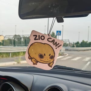 May include: A pink air freshener with a cartoon frog illustration and the text "ZIO CAN!". The air freshener is hanging from a black string, visible inside a car. The frog is light brown with dark eyes.