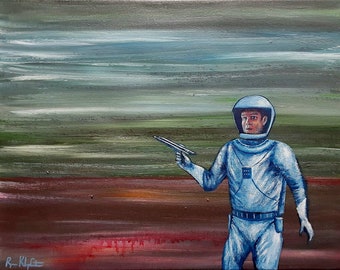 I'm Going To Die Here original science fiction impressionist painting by artist Ryan S Klopfenstein retro Sci-fi abstract space art
