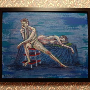 May include: A framed artwork depicting two figures in a blue-toned setting. One figure sits on a red and white stool, while the other reclines. The painting has a classical art style, with visible brushstrokes and a focus on human form.