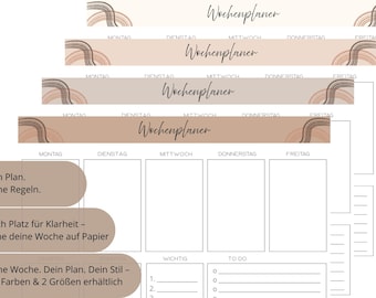 May include: A weekly planner with a neutral color palette. The design features a header with the word "Wochenplaner" and sections for each day of the week. Includes space for notes and to-do lists. The text "Dein Plan. Deine Regeln" is also visible.