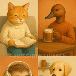 May include: A collage of four illustrations featuring animals in human-like situations. A cat wearing a jumper reads a book, a duck wearing a jumper holds a glass of beer, a hedgehog wearing a blue hoodie listens to music with headphones, and a dog wearing an apron mixes batter in a bowl.