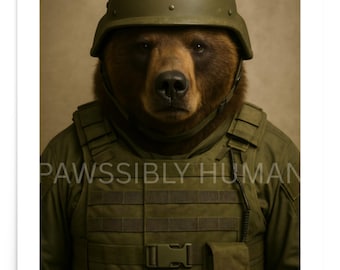 Combat Bear Military Portrait | Funny Animal Wall Art Print (Unframed Poster)
