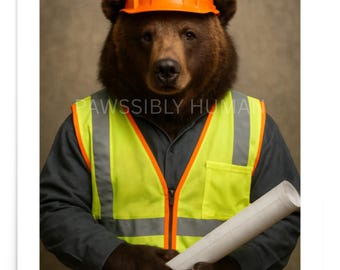 Builder Bear Construction Worker Portrait | Funny Animal Wall Art Print (Unframed Poster)
