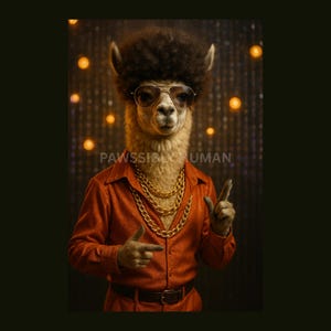 Disco Llama Wall Art – Funky Alpaca with Afro & Gold Chains | Retro Animal Portrait | Funny 70s-Inspired Digital Download
