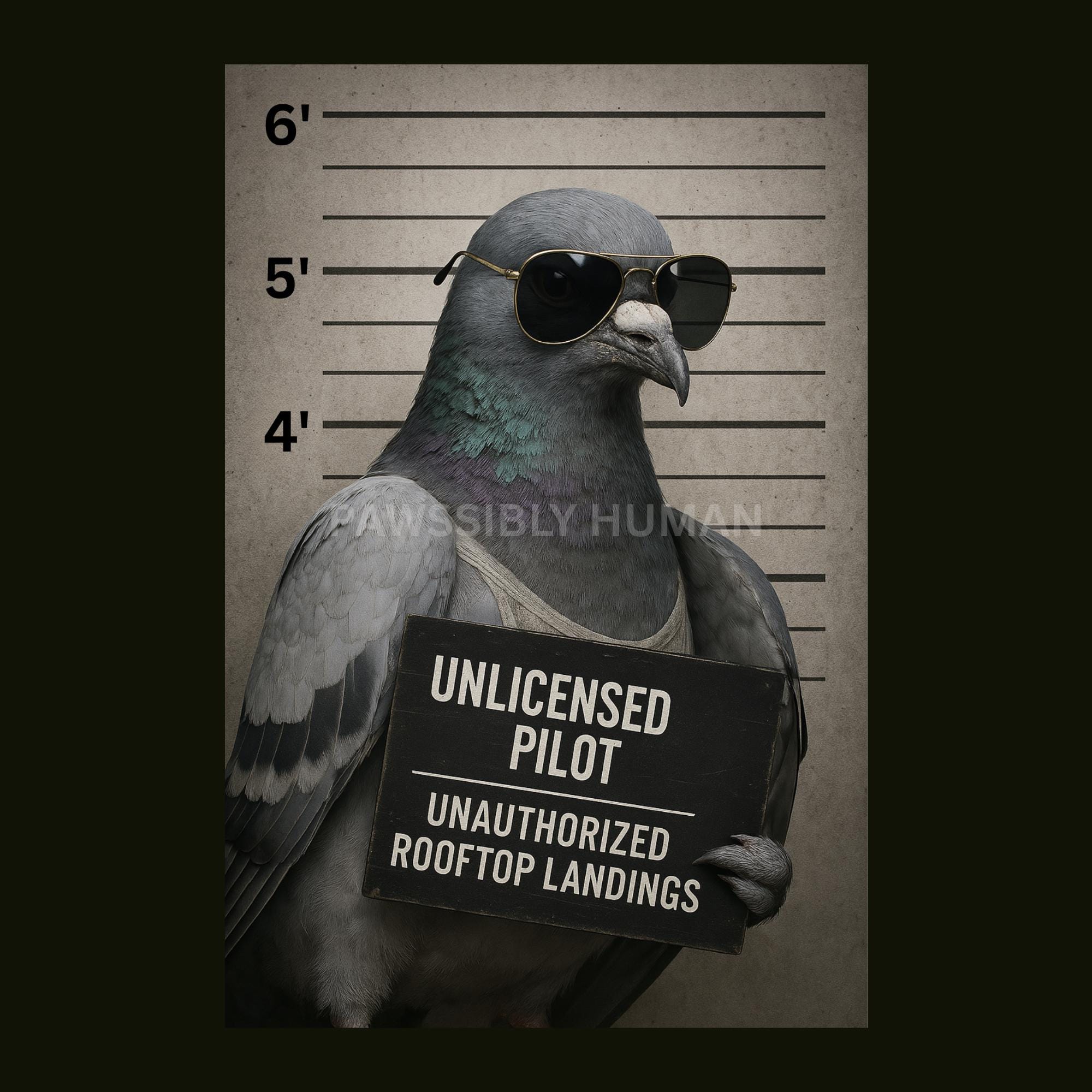 Unlicensed Pilot – Funny Pigeon Mugshot Print (digital Download