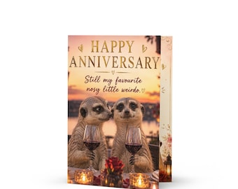 Funny Anniversary Card, Meerkat Couple, Romantic Sunset Dinner, Quirky Love Greeting (5x7")