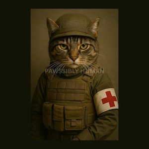 Könnte beinhalten: Eine getigerte Katze in Militäruniform mit grüner Mütze, brauner Weste und einem roten Kreuz am Arm. Die Katze hat einen ernsten Gesichtsausdruck und der Text "PAWSSIBLY HUMAN" ist darunter geschrieben.