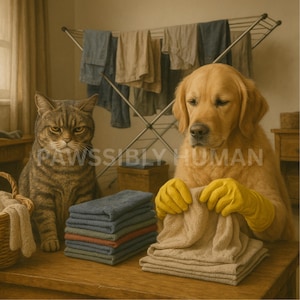 May include: A golden retriever dog wearing yellow gloves is folding a stack of beige towels. A tabby cat is sitting on a table next to a stack of blue towels.