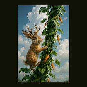 Jackalope and the Beanstalk – Whimsical Fairy Tale Animal Art | Magical Wall Print | Fantasy Rabbit Decor
