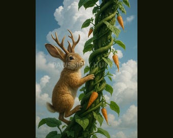 Jackalope and the Beanstalk – Whimsical Fairy Tale Animal Art | Magical Wall Print | Fantasy Rabbit Decor