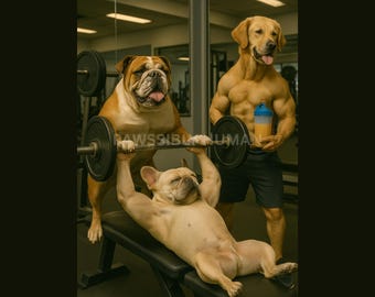 Gym Dogs Print – Funny Dog Wall Art, Frenchie Bench Press Digital Download