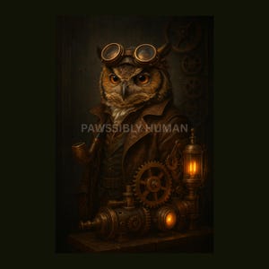 May include: A steampunk owl wearing goggles and a leather jacket, holding a pipe and standing next to a small lamp and gears. The owl is looking directly at the viewer. The text "PAWSSIBLY HUMAN" is written below the owl.